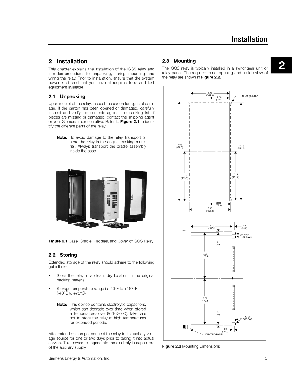 Siemens SG8158-00 manual Installation, Mounting, Unpacking, Storing 