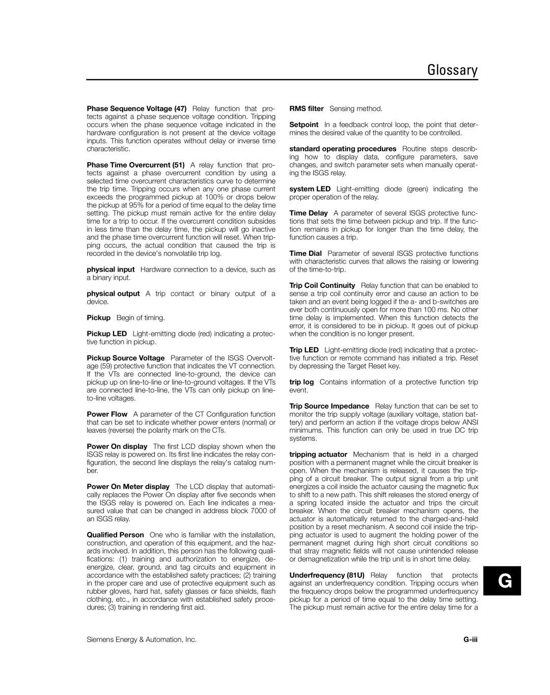 Siemens SG8158-00 manual Glossary 