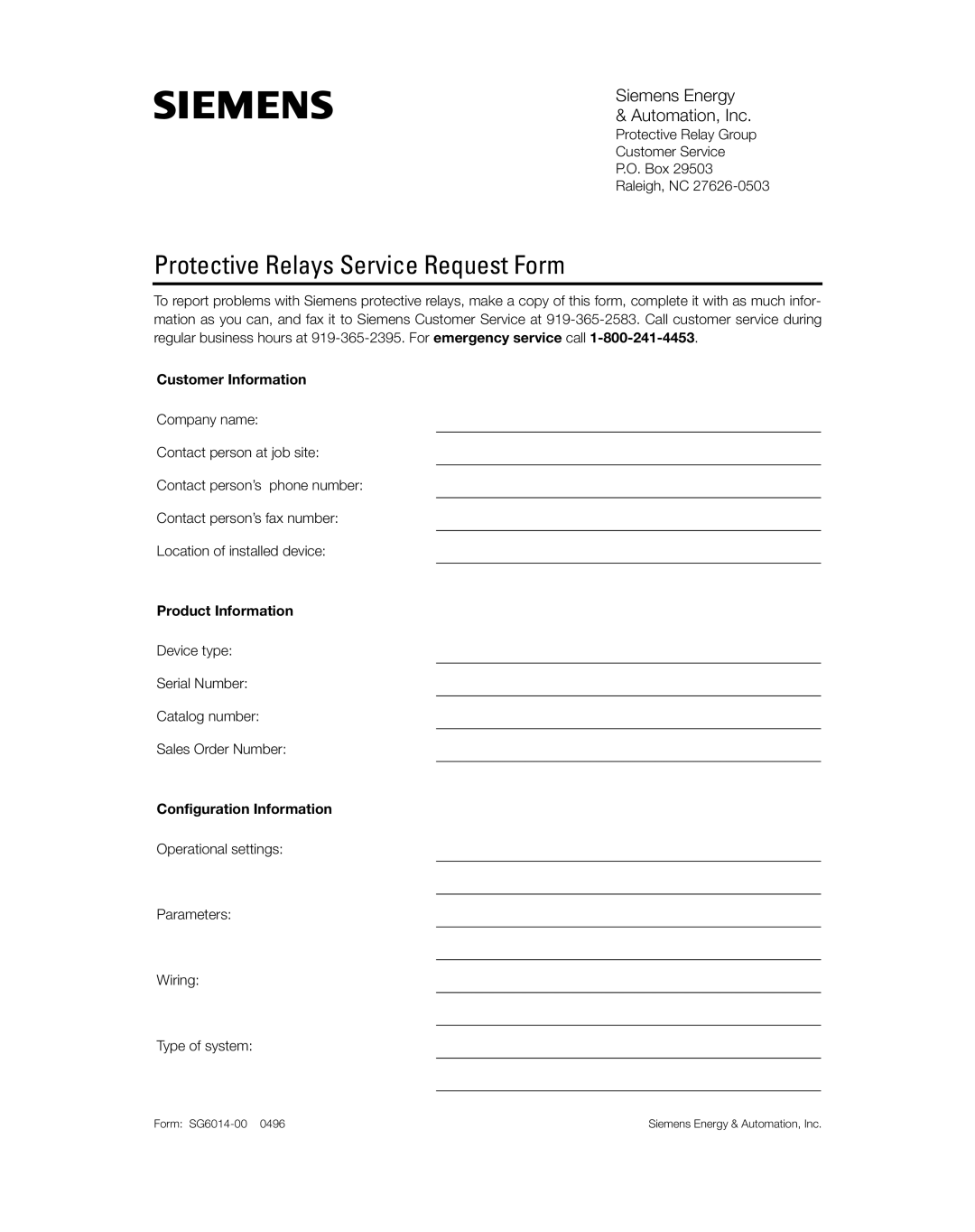 Siemens SG8158-00 manual Protective Relays Service Request Form, Protective Relay Group Customer Service Box Raleigh, NC 