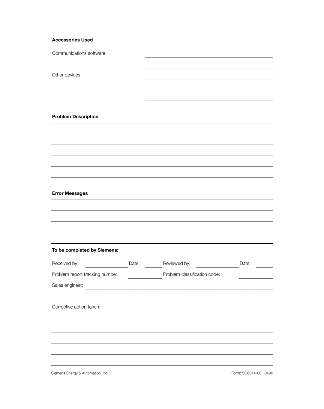 Siemens SG8158-00 manual Siemens Energy & Automation, Inc Form SG6014-00 