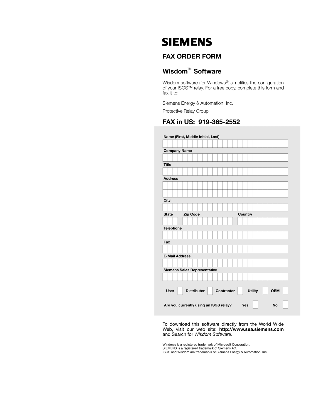 Siemens SG8158-00 manual FAX Order Form 