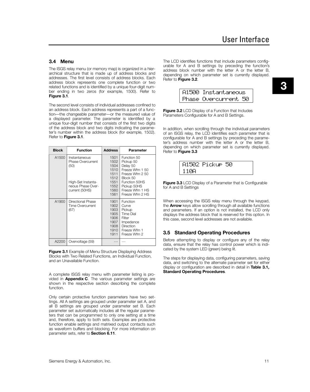 Siemens SG8158-00 manual Menu, Standard Operating Procedures, A1500 Instantaneous Phase Overcurrent, A1502 Pickup 110A 