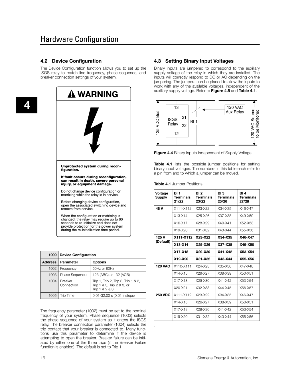 Siemens SG8158-00 manual Device Configuration, Setting Binary Input Voltages 