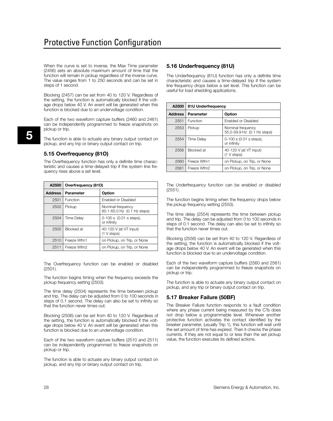 Siemens SG8158-00 manual Overfrequency 81O, Underfrequency 81U, Breaker Failure 50BF 