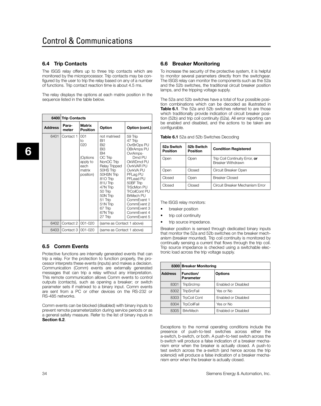 Siemens SG8158-00 manual Trip Contacts, Comm Events, Breaker Monitoring 