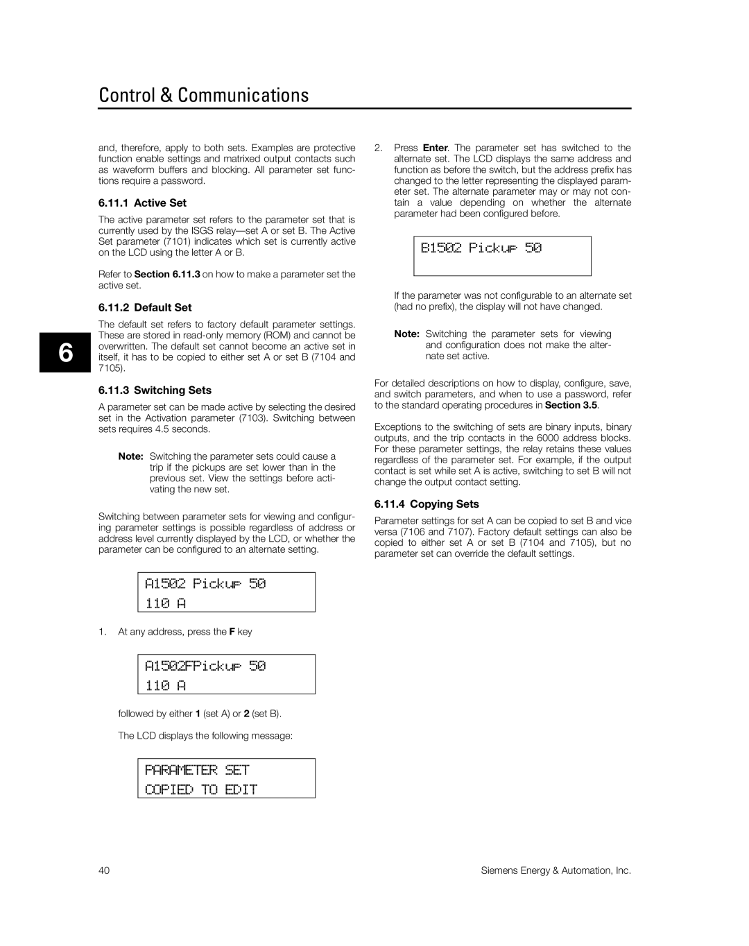 Siemens SG8158-00 manual Active Set, Default Set, Switching Sets, B1502 Pickup, Copying Sets, A1502 Pickup 110 a 