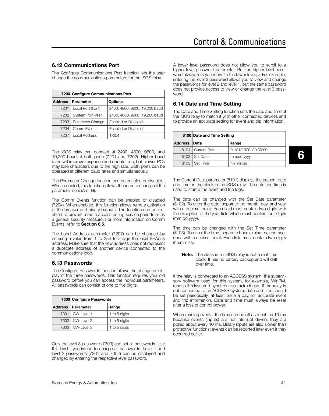 Siemens SG8158-00 manual Communications Port, Passwords, Date and Time Setting 