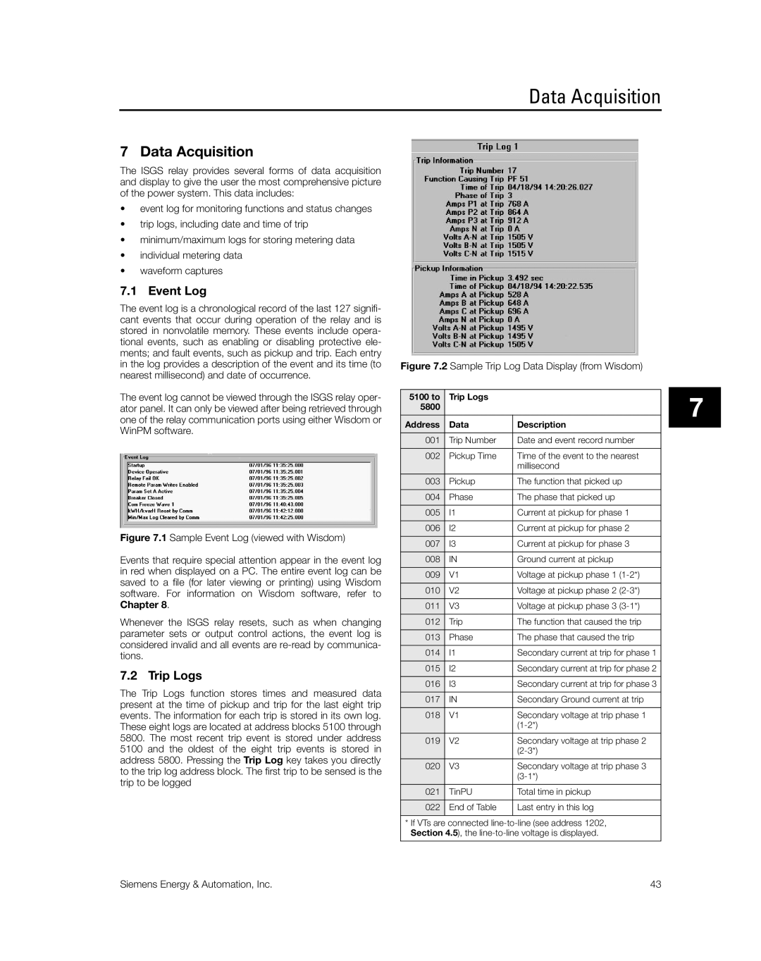 Siemens SG8158-00 manual Data Acquisition, Event Log, Trip Logs 