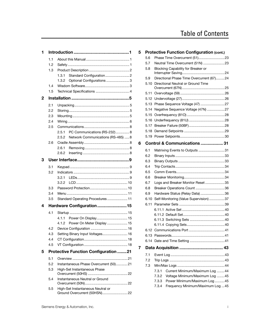 Siemens SG8158-00 manual Table of Contents 