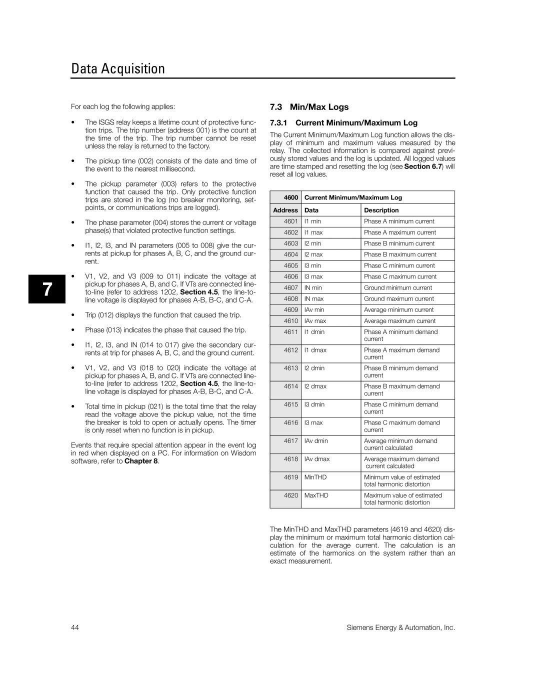 Siemens SG8158-00 manual Min/Max Logs, Current Minimum/Maximum Log 