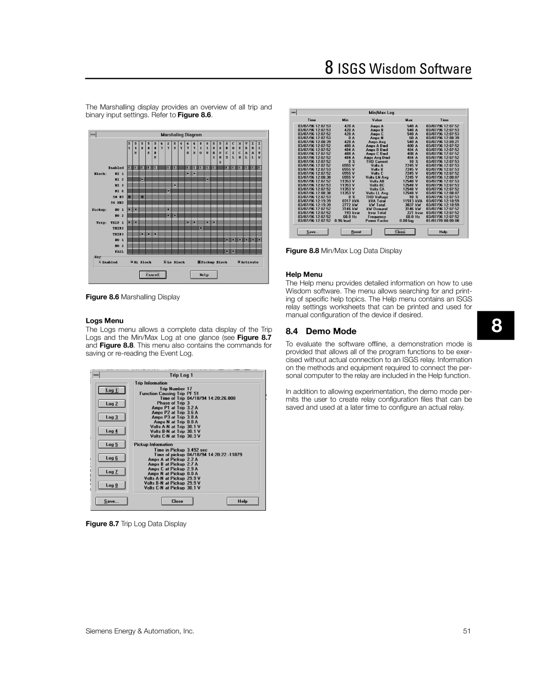 Siemens SG8158-00 manual Demo Mode, Trip Log Data Display Siemens Energy & Automation, Inc 