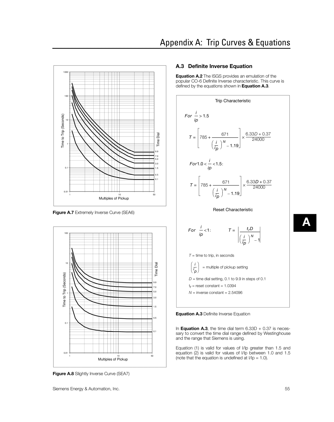 Siemens SG8158-00 manual Definite Inverse Equation, Figure A.7 Extremely Inverse Curve SEA6 