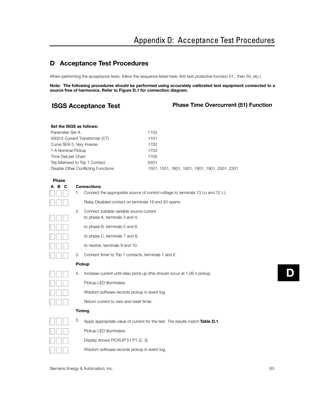 Siemens SG8158-00 manual Appendix D Acceptance Test Procedures 