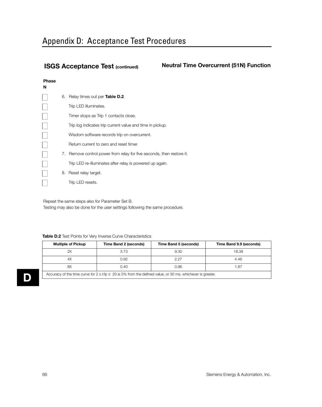 Siemens SG8158-00 manual Appendix D Acceptance Test Procedures 