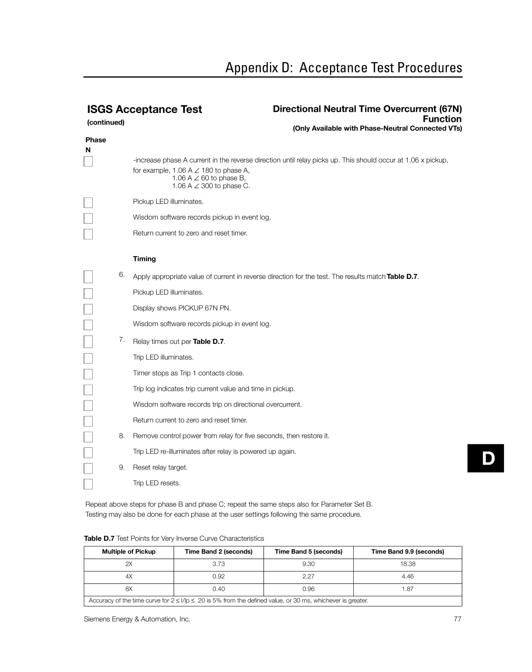 Siemens SG8158-00 manual Appendix D Acceptance Test Procedures 