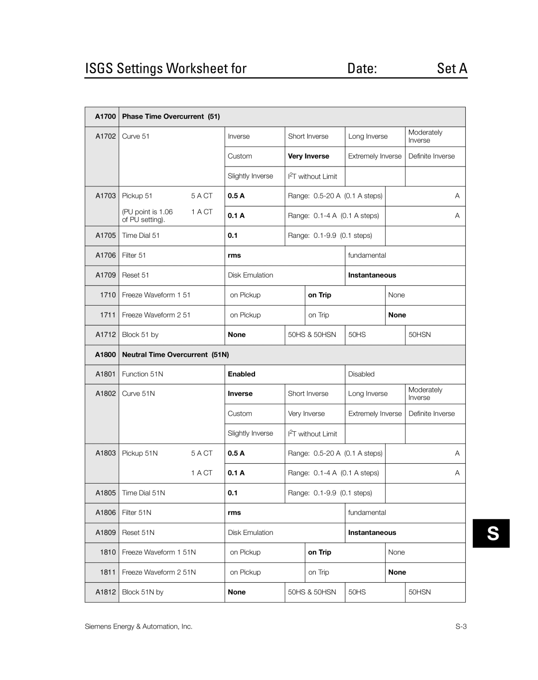 Siemens SG8158-00 manual Isgs Settings Worksheet for Date 