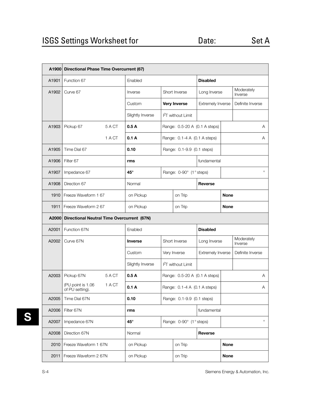 Siemens SG8158-00 manual Isgs Settings Worksheet for Date 