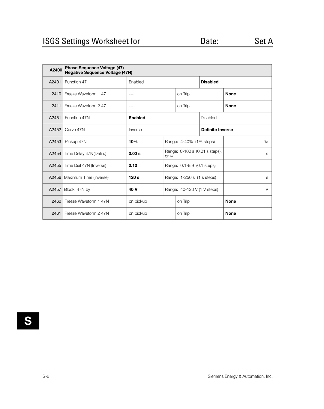 Siemens SG8158-00 manual Isgs Settings Worksheet for Date 