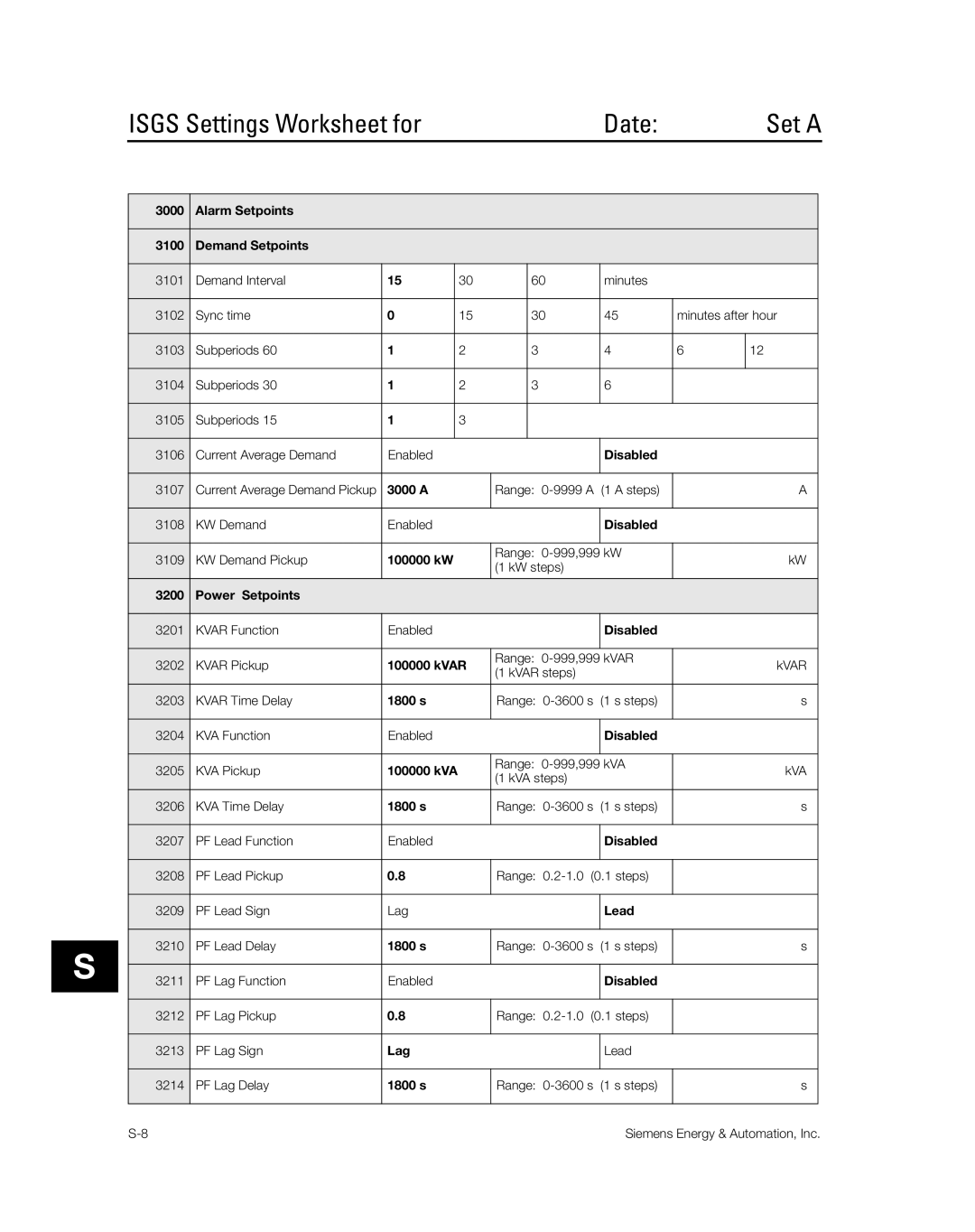 Siemens SG8158-00 manual Isgs Settings Worksheet for Date 