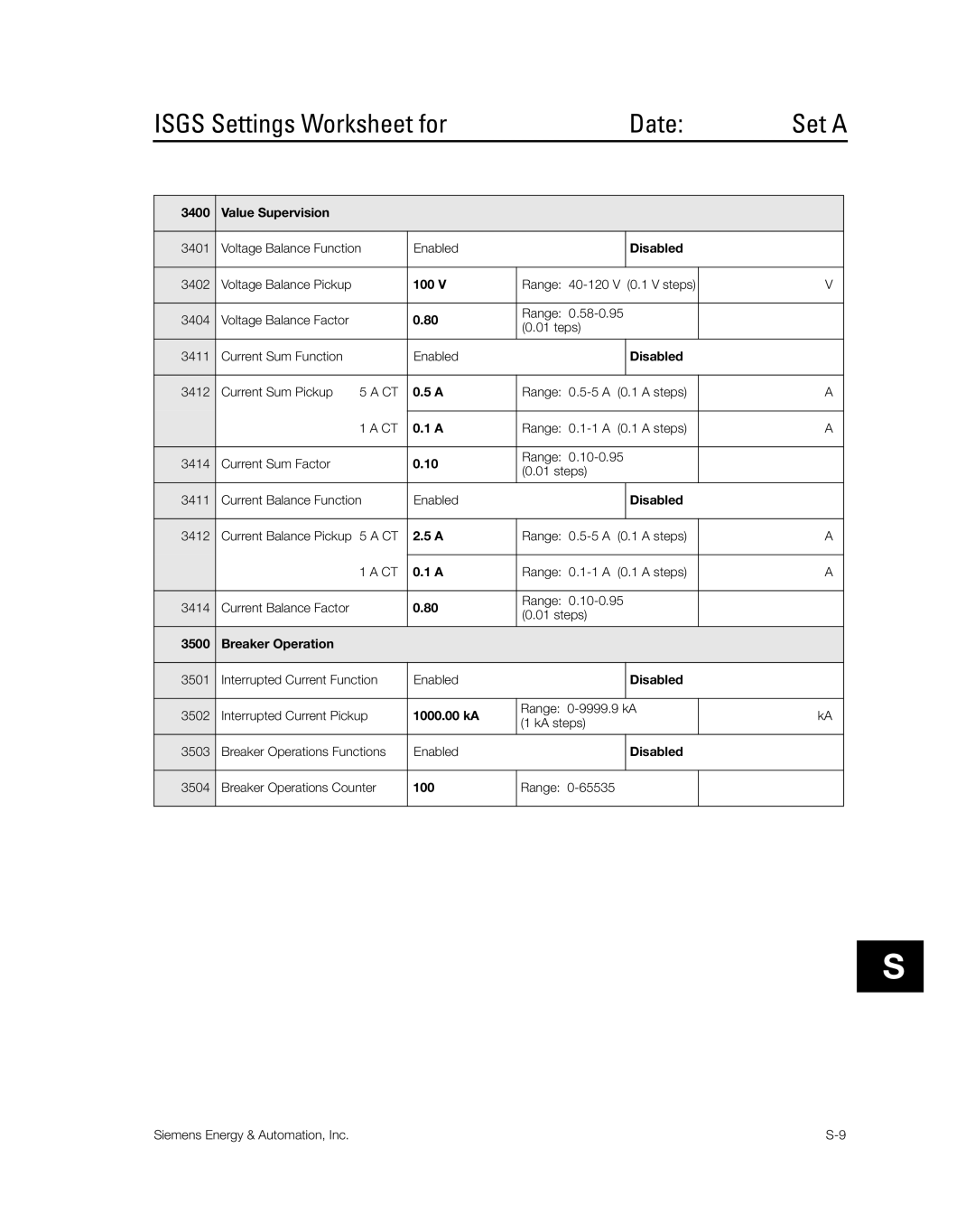 Siemens SG8158-00 manual Isgs Settings Worksheet for Date 