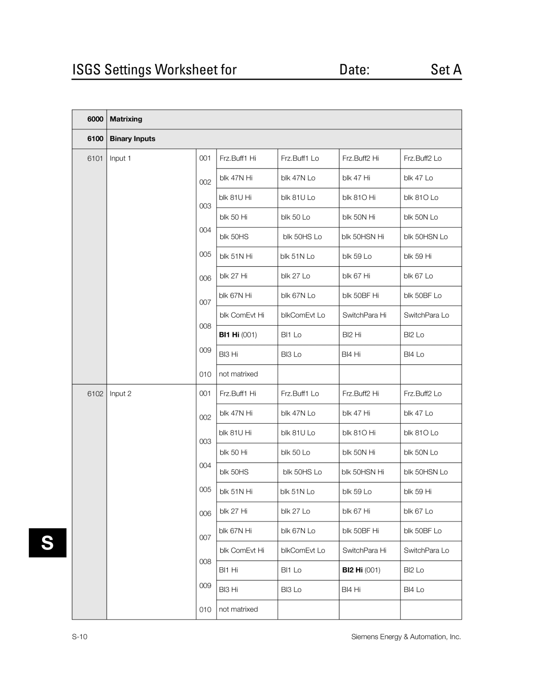 Siemens SG8158-00 manual Isgs Settings Worksheet for Date 