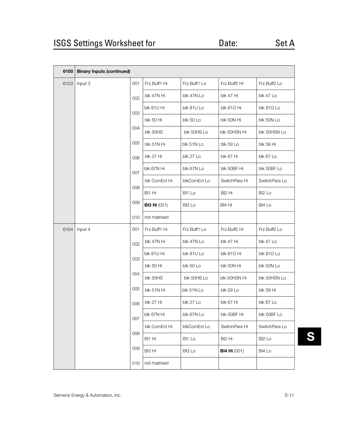 Siemens SG8158-00 manual Isgs Settings Worksheet for Date 