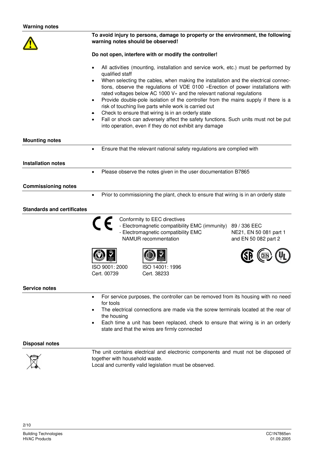 Siemens siemens compact universal controllers manual Mounting notes, Installation notes, Commissioning notes, Service notes 