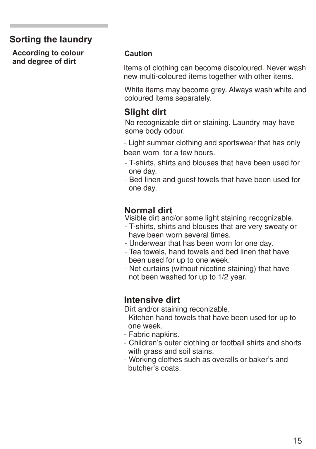 Siemens WD7005 Sorting the laundry, Slight dirt, Normal dirt, Intensive dirt, According to colour and degree of dirt 