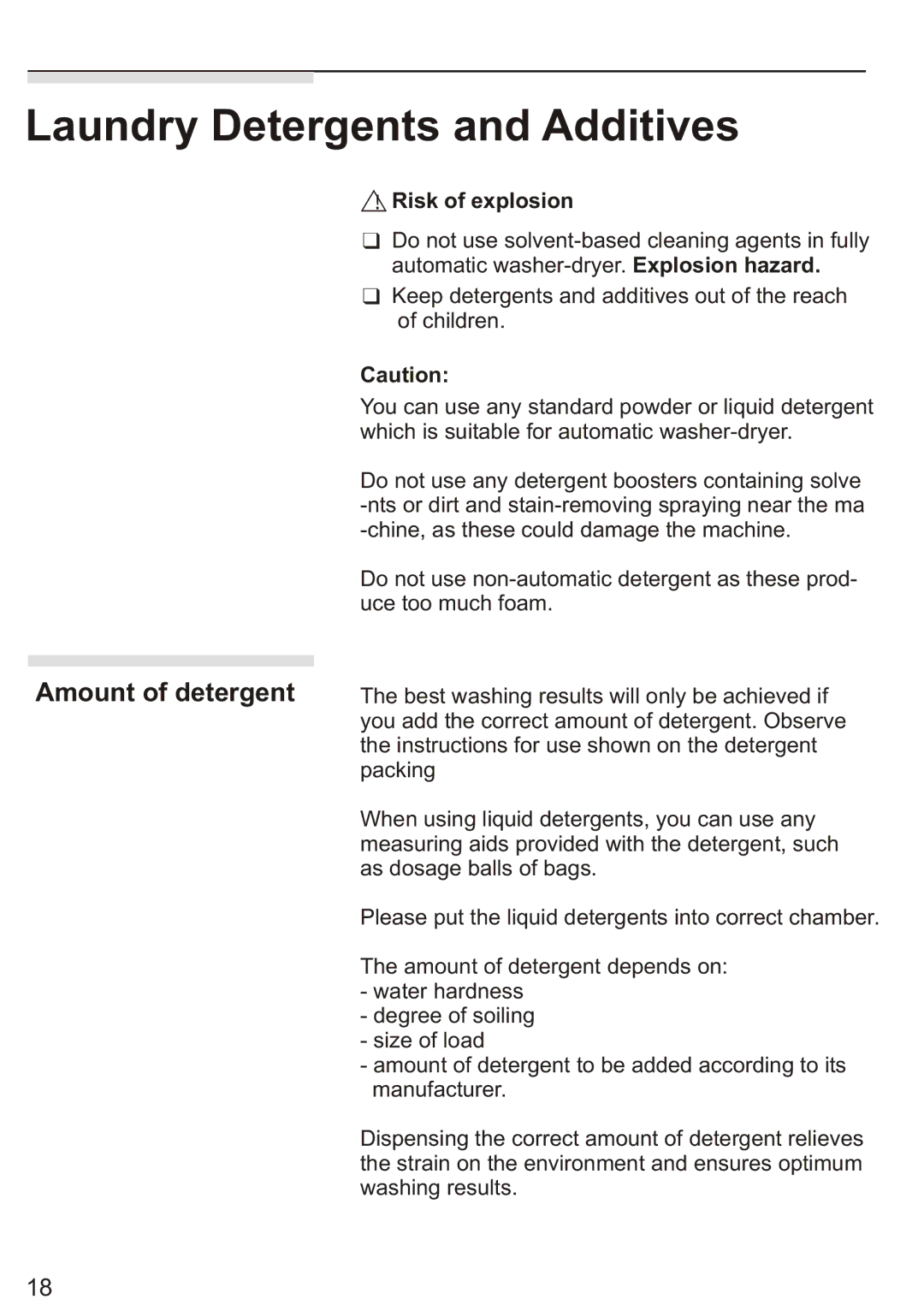 Siemens Silver WD7205, WD7005 installation instructions Laundry Detergents and Additives, Amount of detergent 