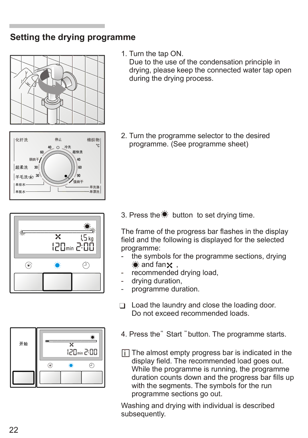 Siemens Silver WD7205, WD7005 installation instructions Setting the drying programme 