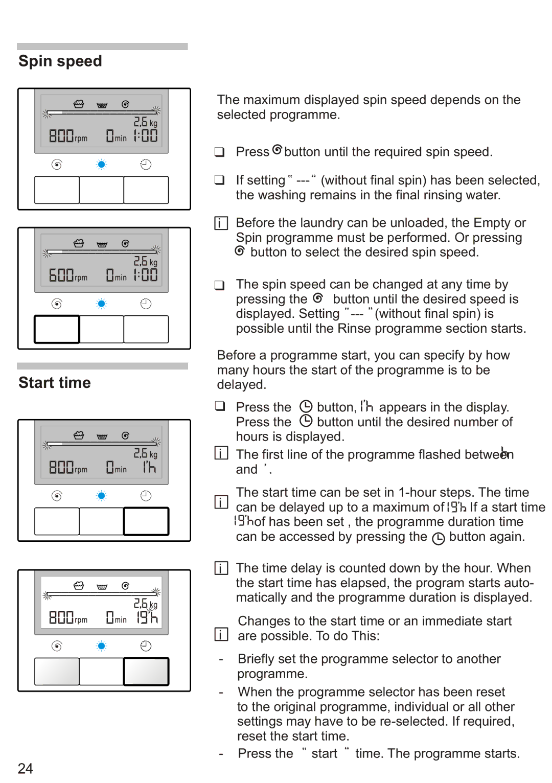 Siemens Silver WD7205, WD7005 installation instructions Spin speed Start time 