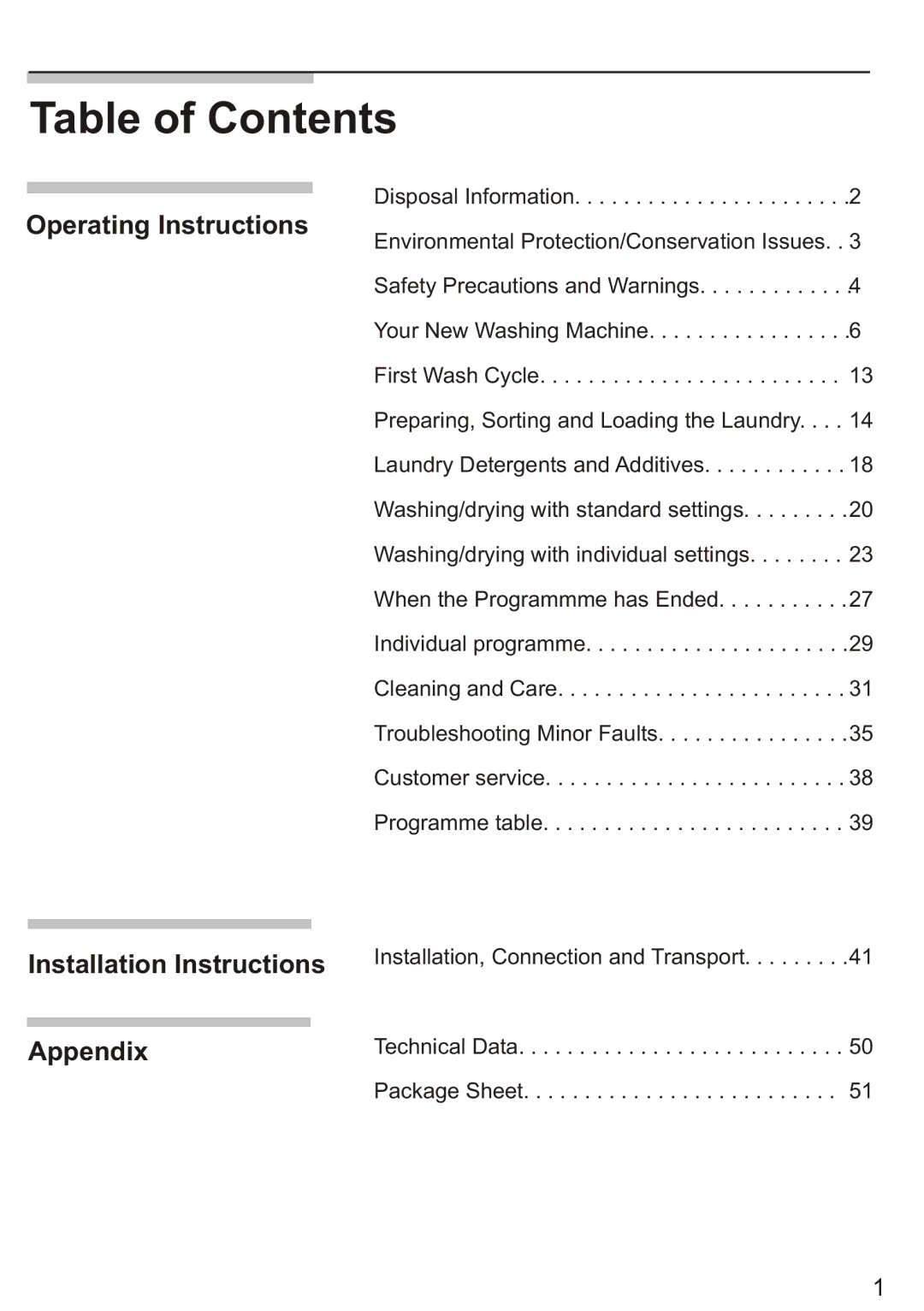 Siemens WD7005, Silver WD7205 installation instructions Table of Contents 