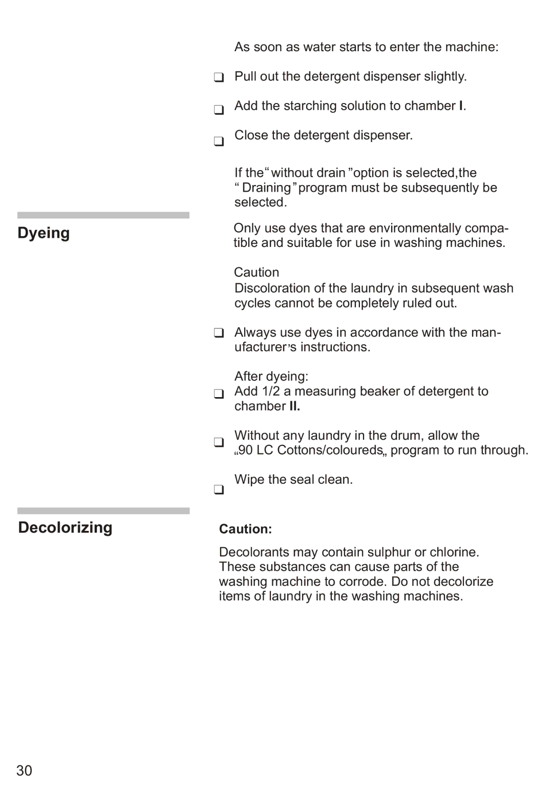 Siemens Silver WD7205, WD7005 installation instructions Dyeing Decolorizing 