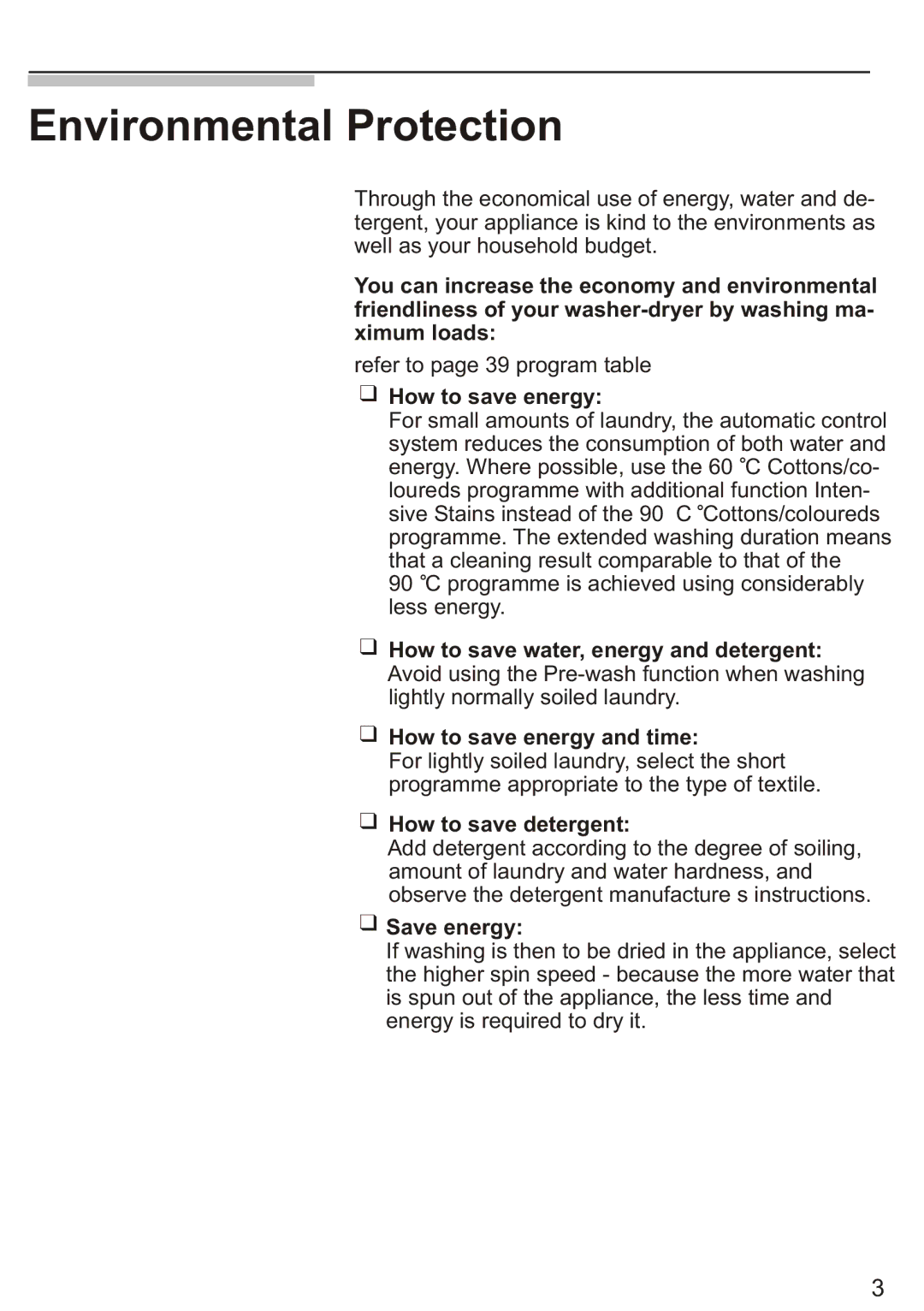 Siemens Silver WD7205, WD7005 Environmental Protection, How to save energy, How to save detergent, Save energy 