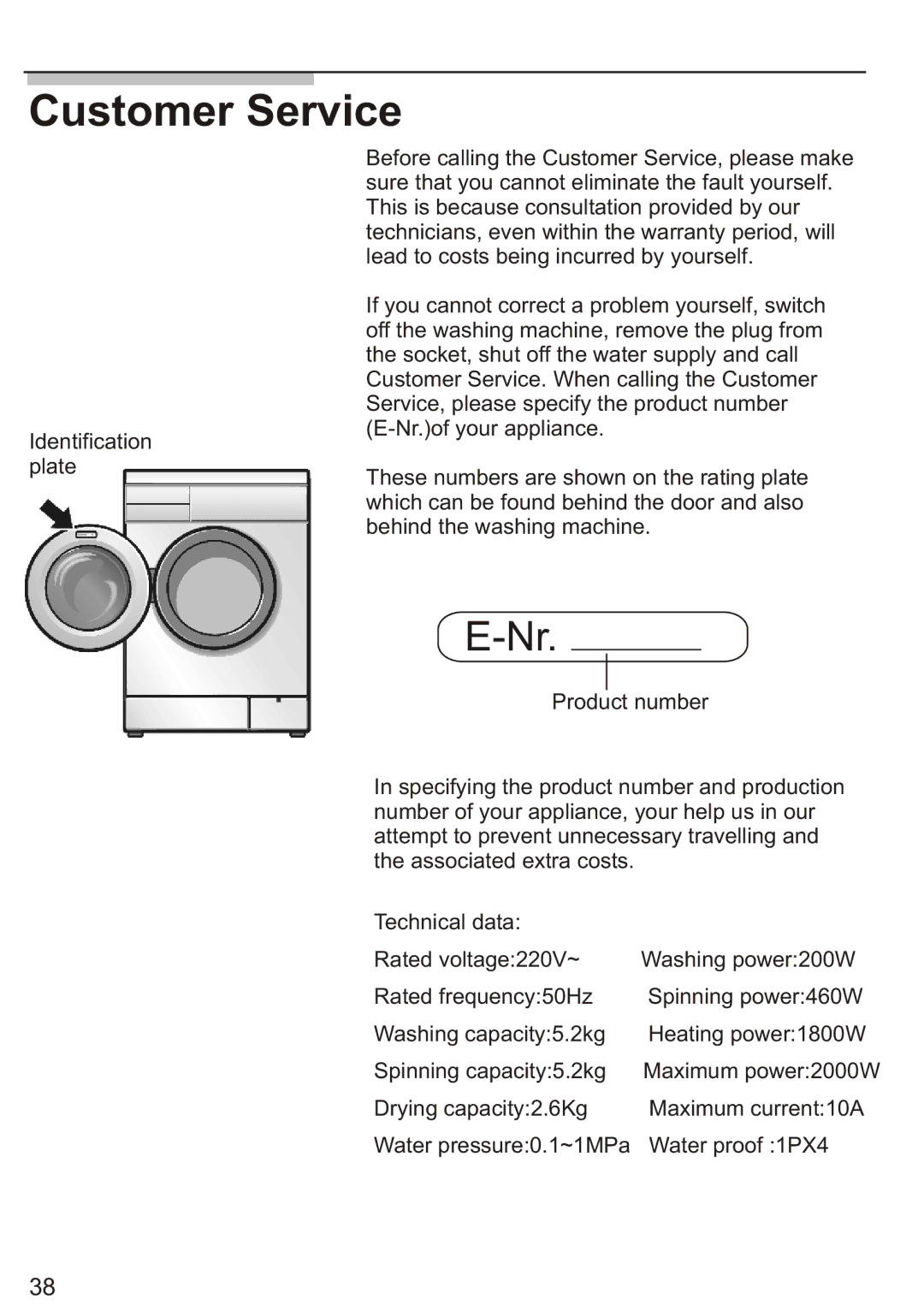 Siemens Silver WD7205, WD7005 installation instructions Customer Service 