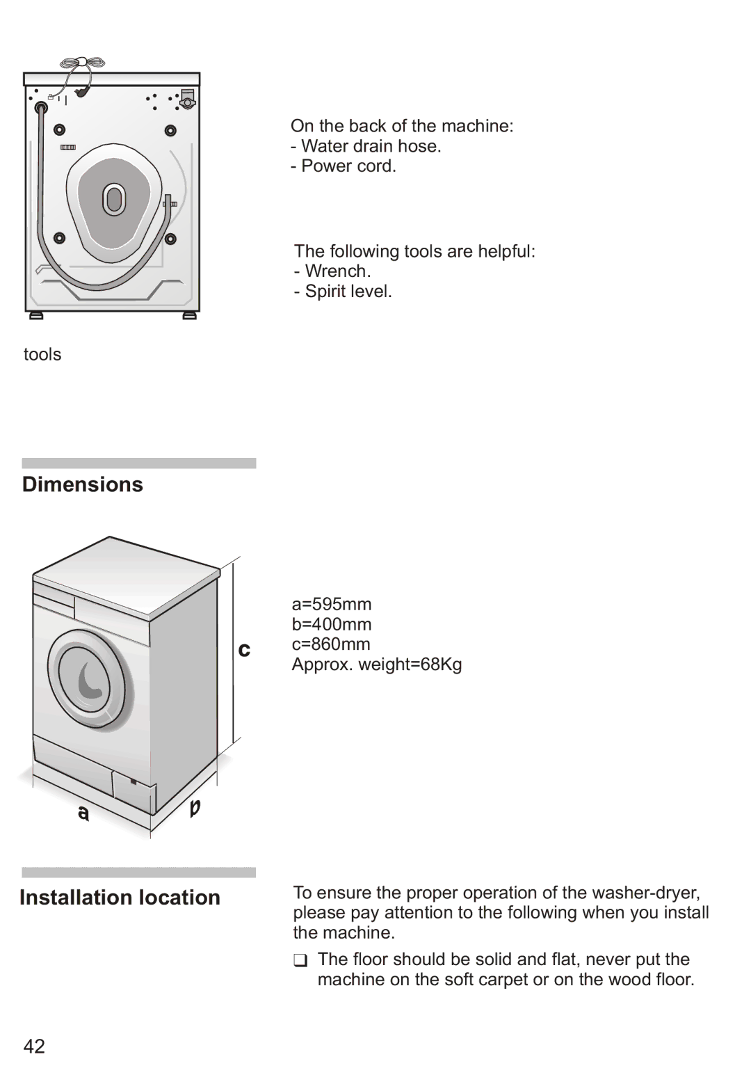 Siemens Silver WD7205, WD7005 installation instructions Dimensions Installation location 