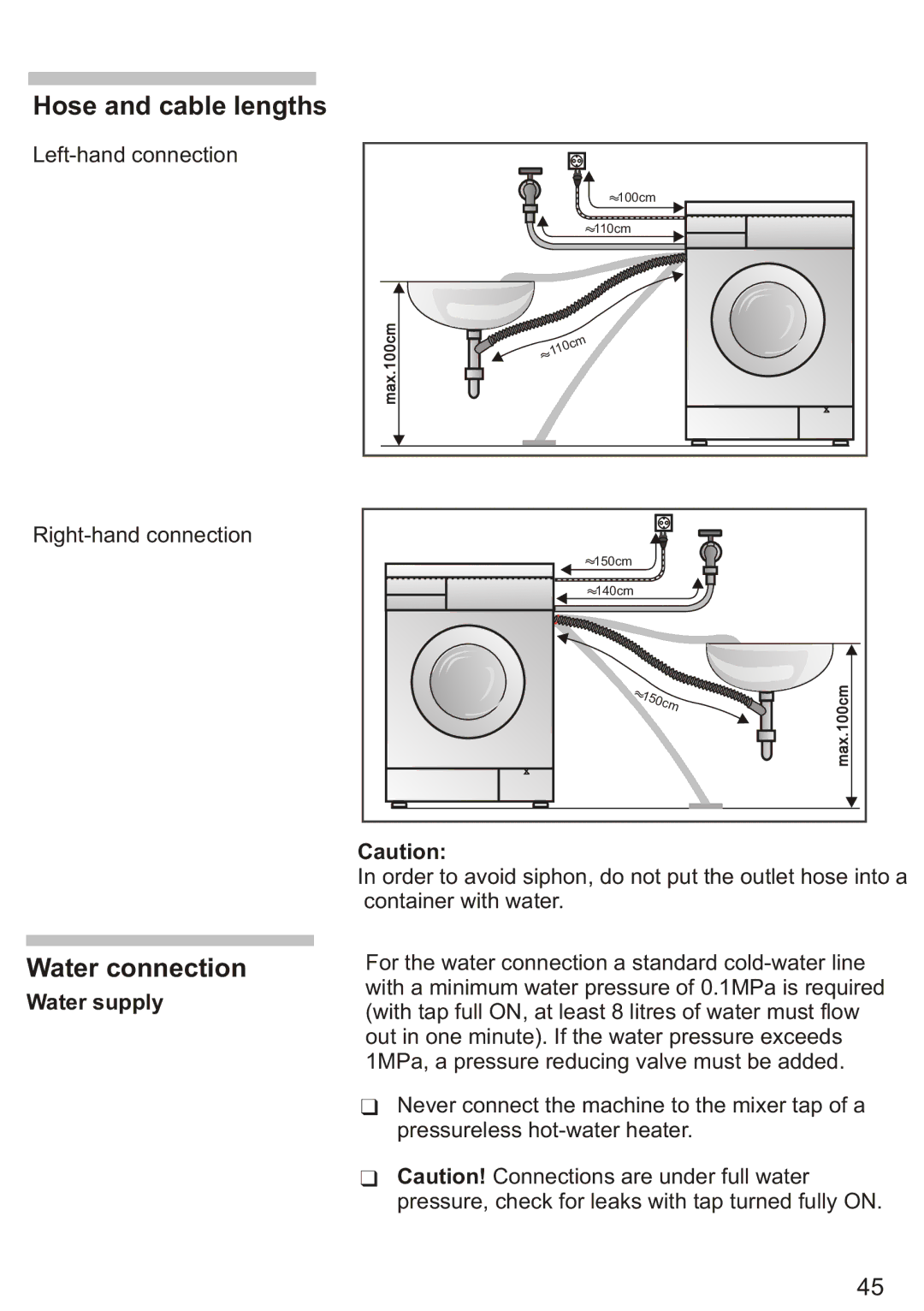 Siemens WD7005, Silver WD7205 installation instructions Hose and cable lengths, Water connection, Water supply 