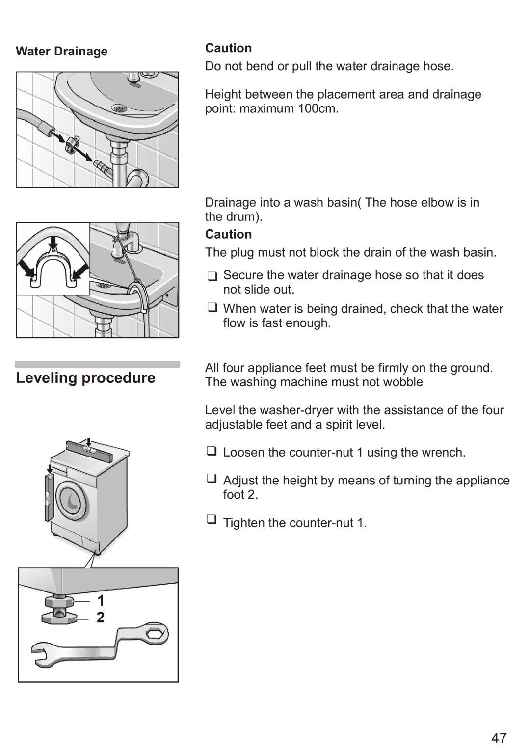 Siemens WD7005, Silver WD7205 installation instructions Leveling procedure, Water Drainage 