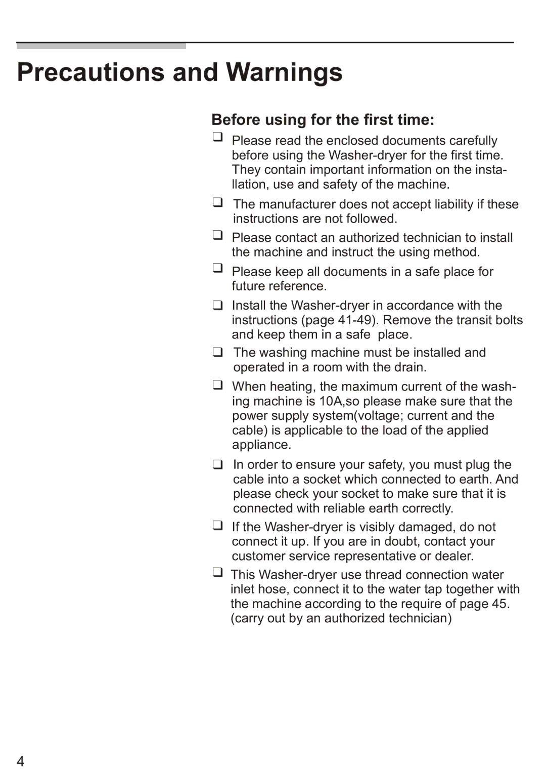 Siemens Silver WD7205, WD7005 installation instructions Precautions and Warnings, Before using for the first time 