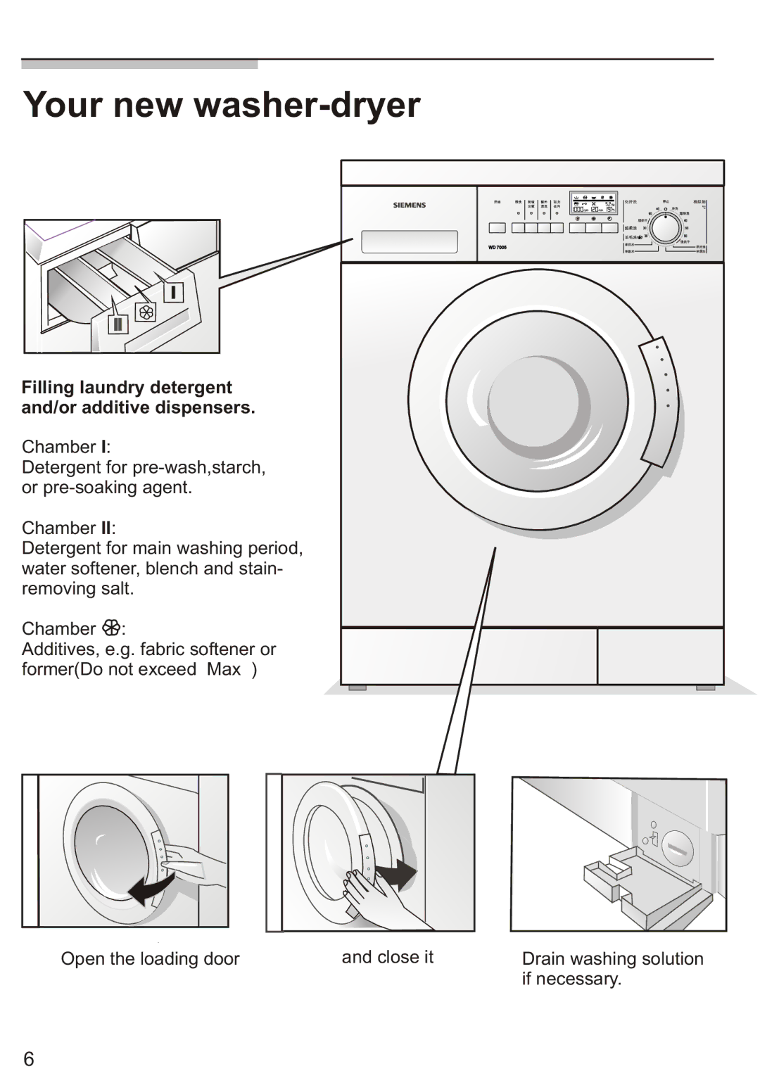 Siemens Silver WD7205, WD7005 Your new washer-dryer, Filling laundry detergent and/or additive dispensers 