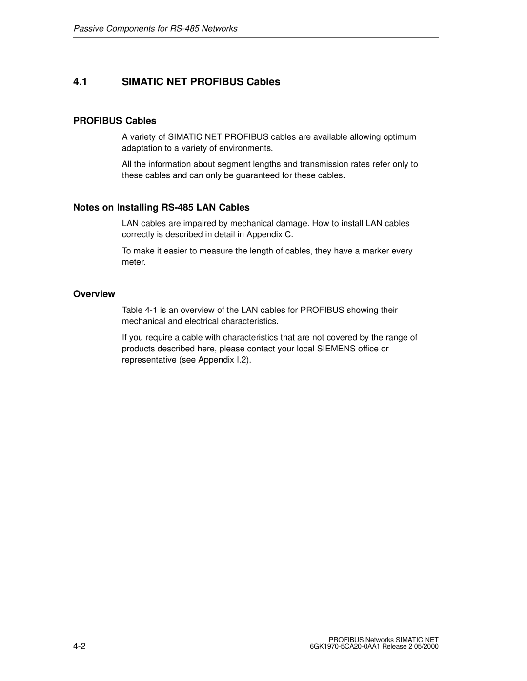 Siemens SIMATIC NET PROFIBUS manual Simatic NET Profibus Cables, Overview 