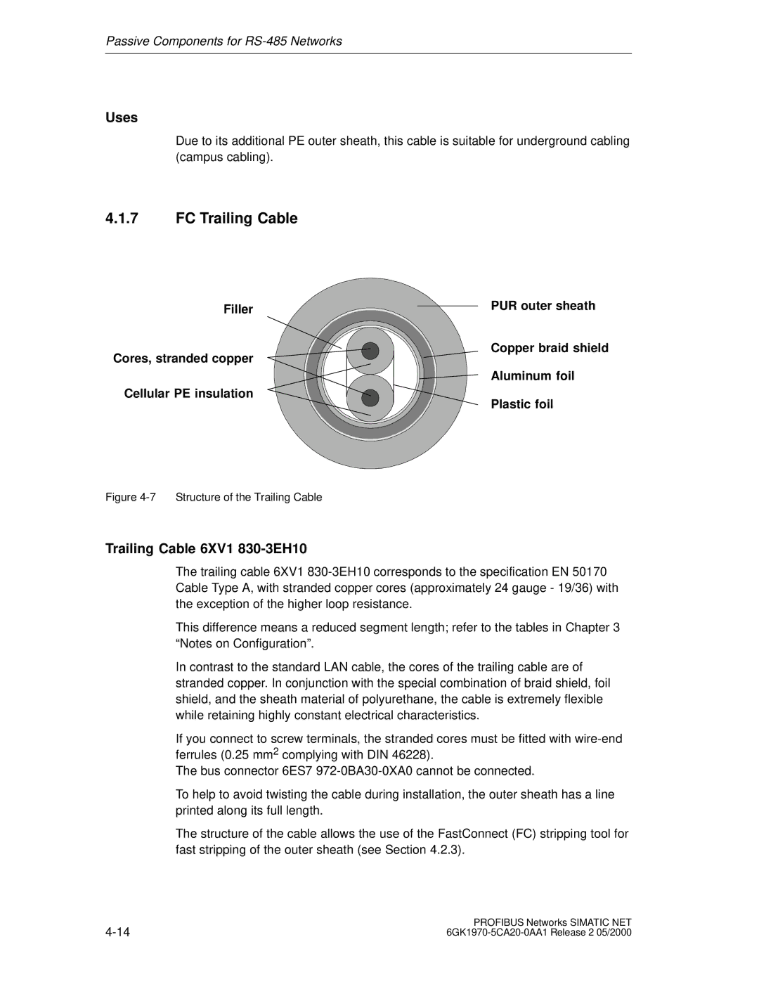 Siemens SIMATIC NET PROFIBUS manual FC Trailing Cable, Trailing Cable 6XV1 830-3EH10 