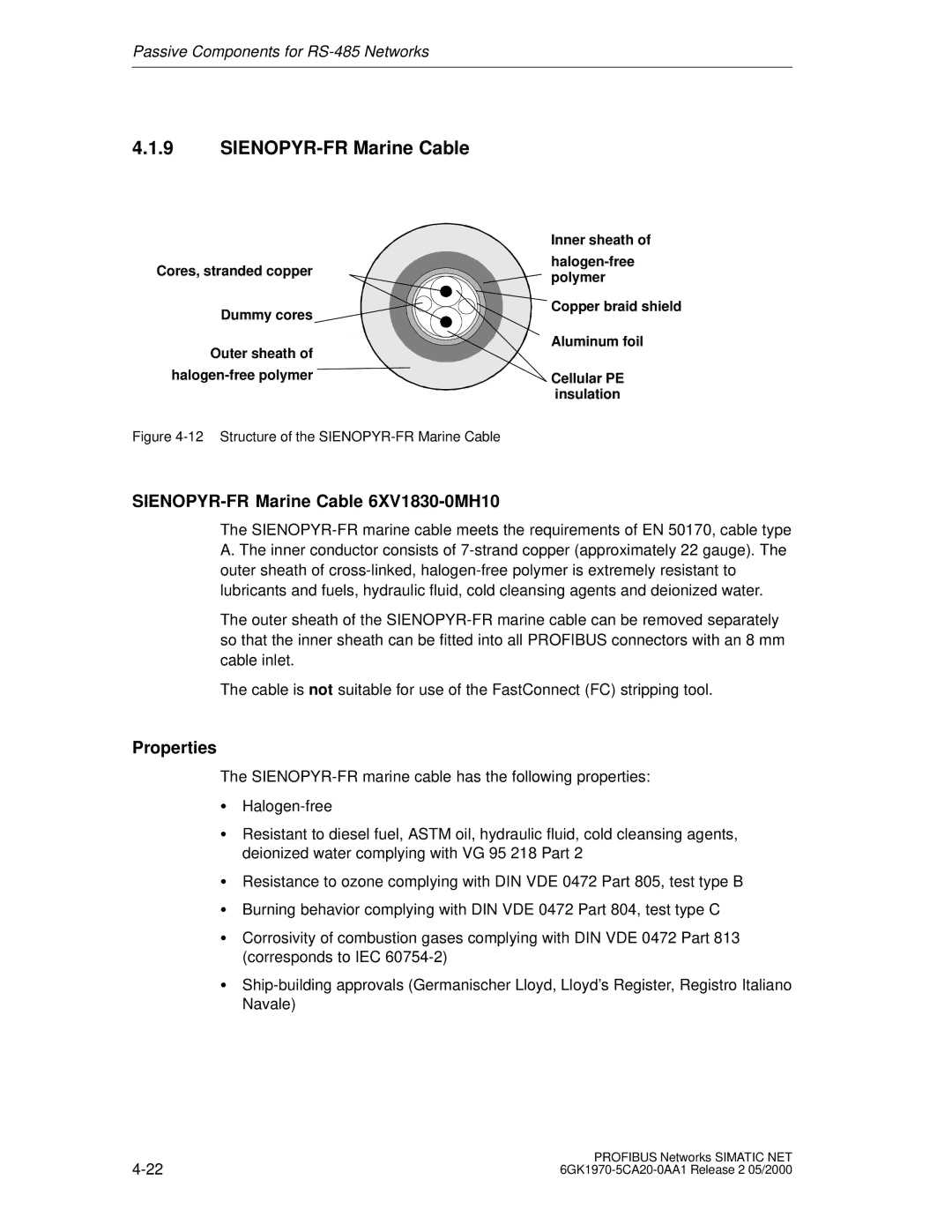 Siemens SIMATIC NET PROFIBUS manual SIENOPYR-FR Marine Cable 6XV1830-0MH10, Inner sheath 