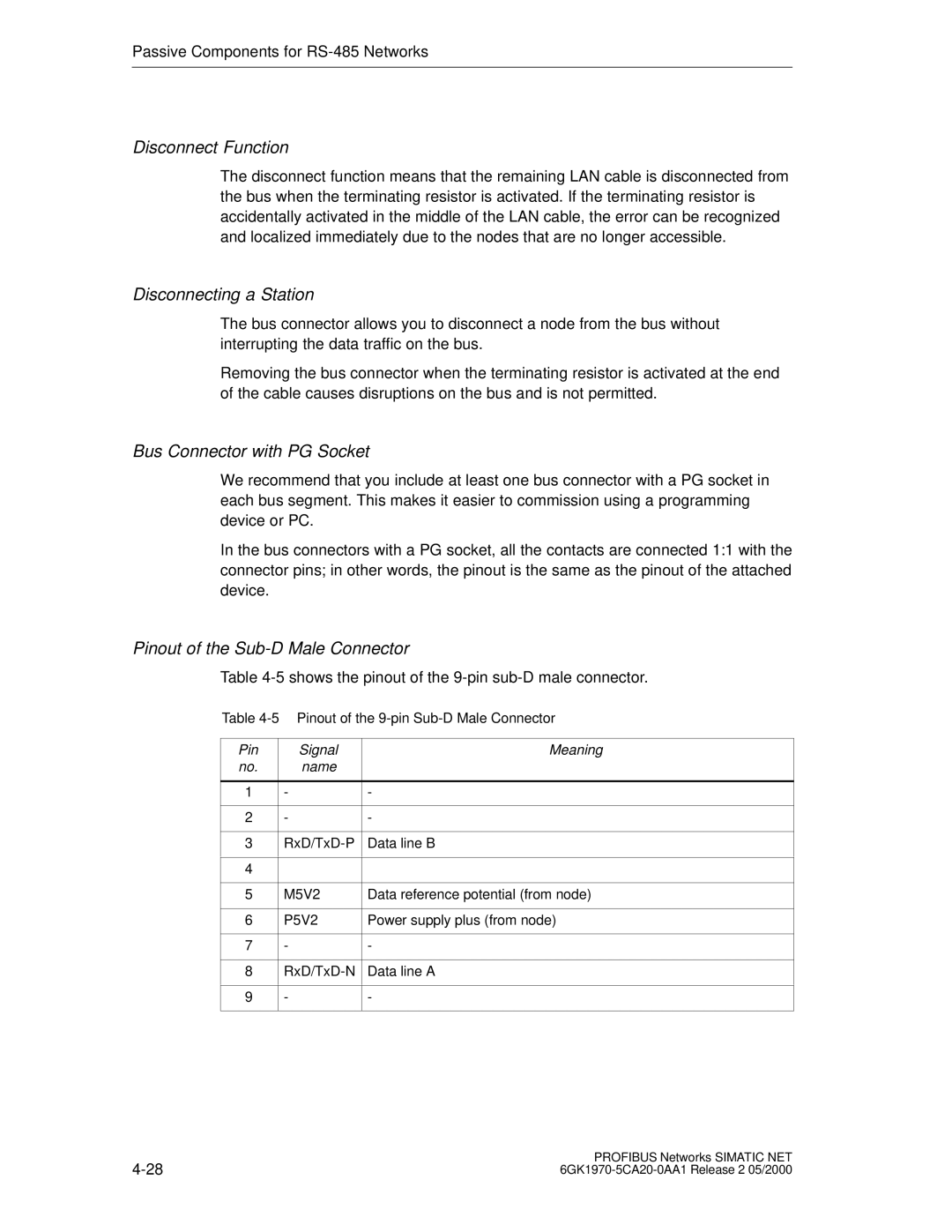 Siemens SIMATIC NET PROFIBUS manual Disconnect Function, Disconnecting a Station, Bus Connector with PG Socket 