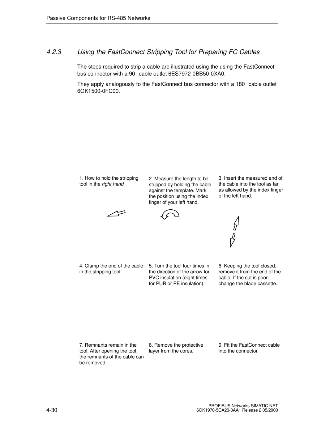 Siemens SIMATIC NET PROFIBUS manual Using the FastConnect Stripping Tool for Preparing FC Cables 