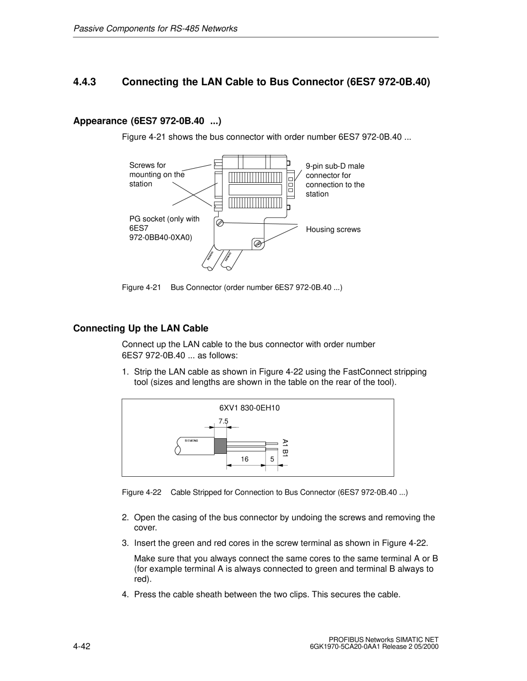 Siemens SIMATIC NET PROFIBUS manual Connecting the LAN Cable to Bus Connector 6ES7 972-0B.40, Appearance 6ES7 972-0B.40 