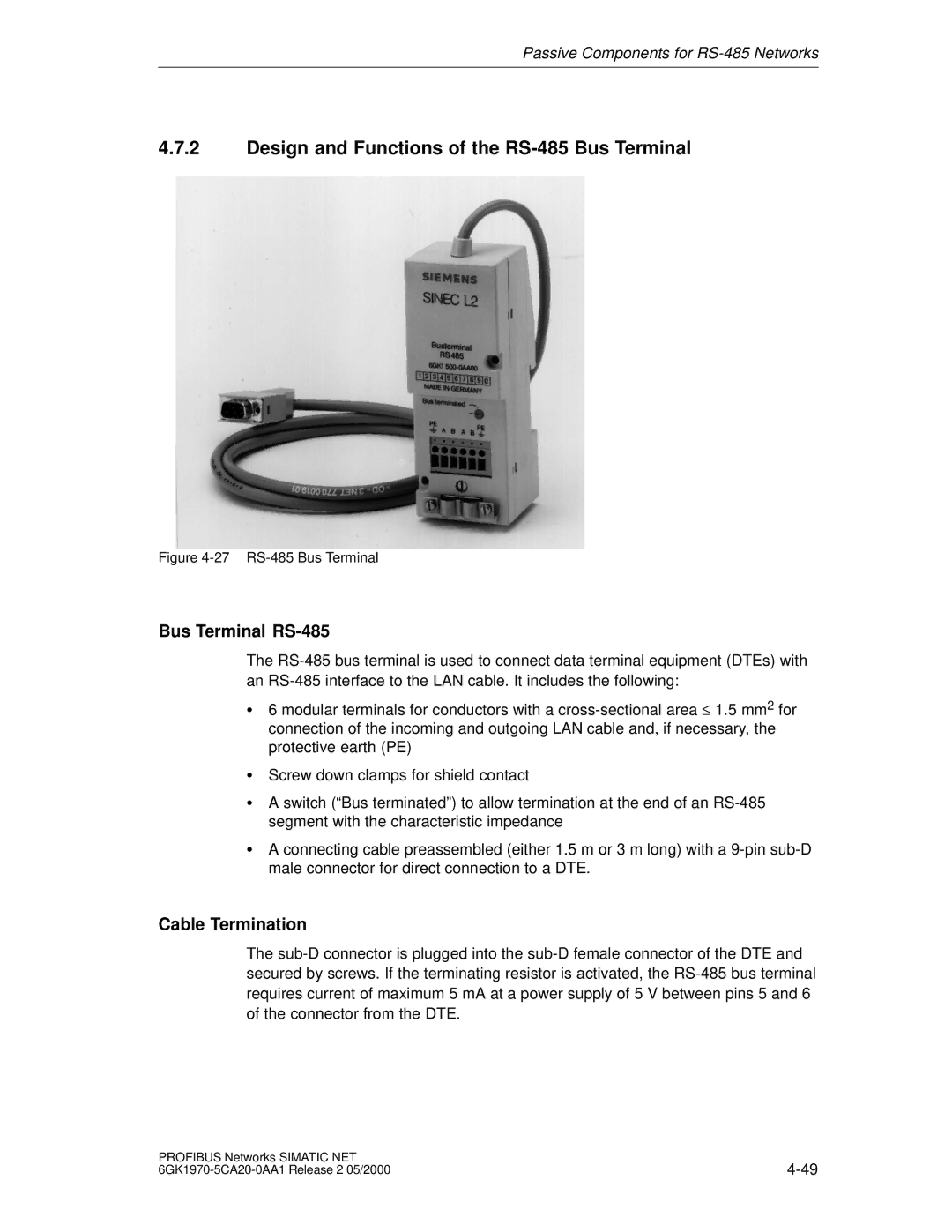 Siemens SIMATIC NET PROFIBUS manual Design and Functions of the RS-485 Bus Terminal, Bus Terminal RS-485 