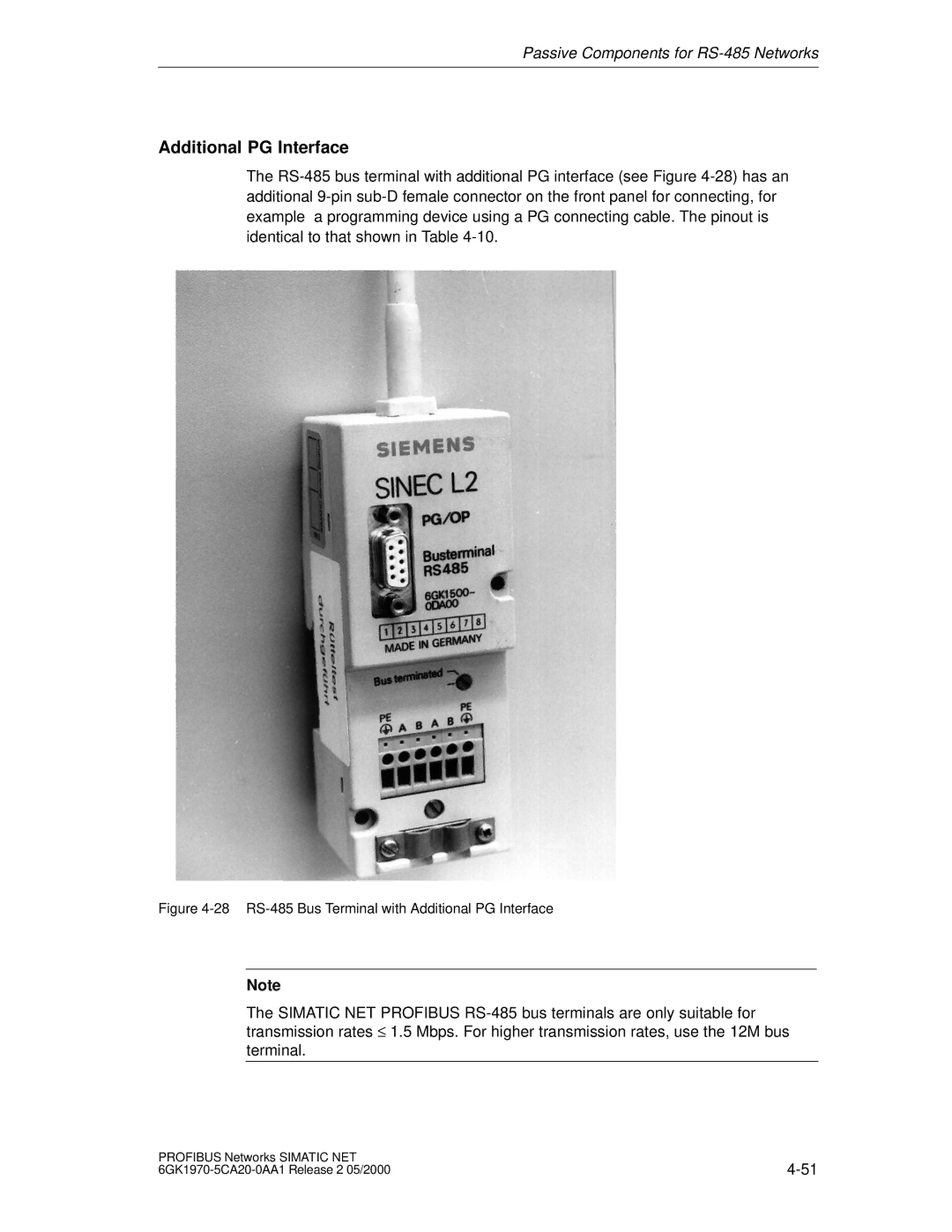 Siemens SIMATIC NET PROFIBUS manual 28 RS-485 Bus Terminal with Additional PG Interface 