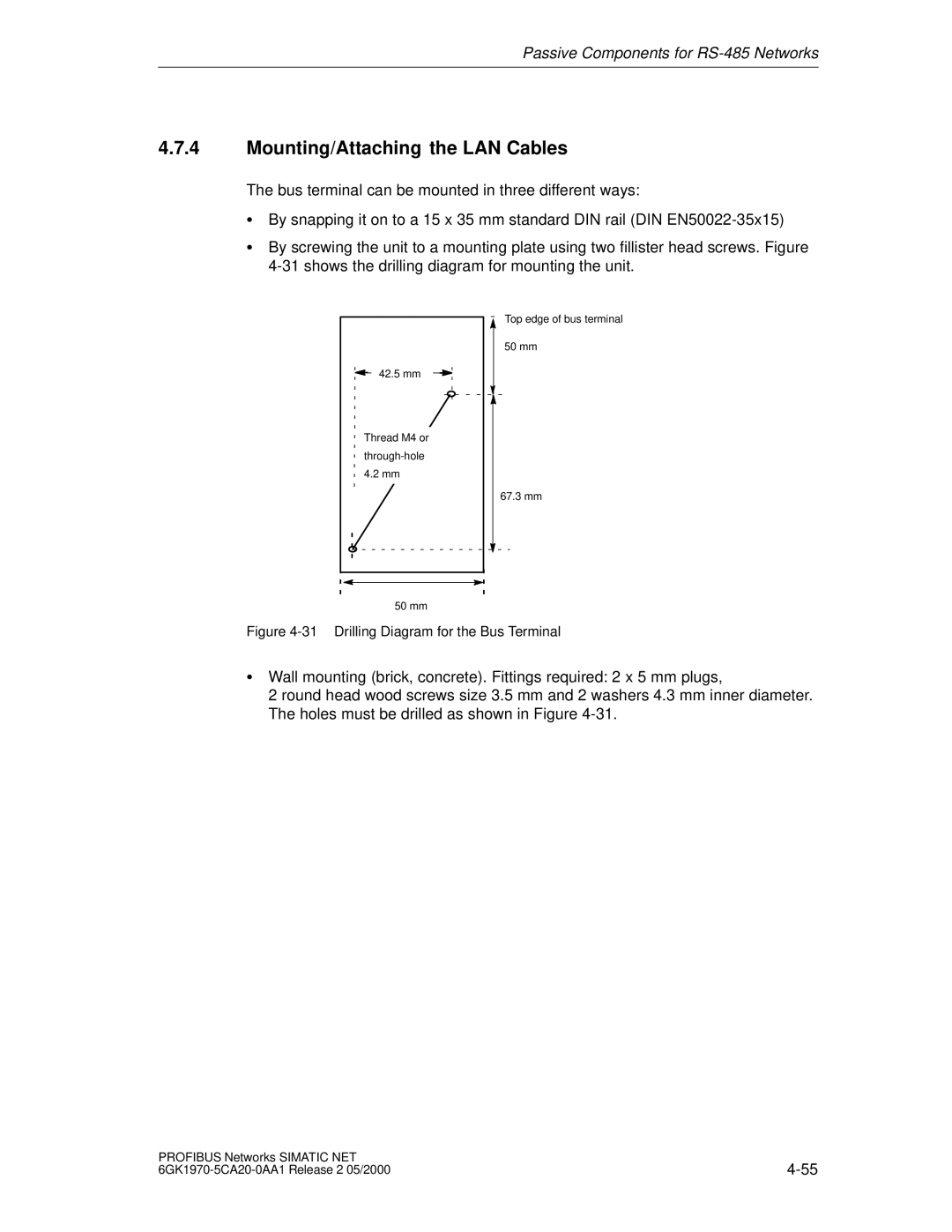 Siemens SIMATIC NET PROFIBUS manual Mounting/Attaching the LAN Cables, Drilling Diagram for the Bus Terminal 