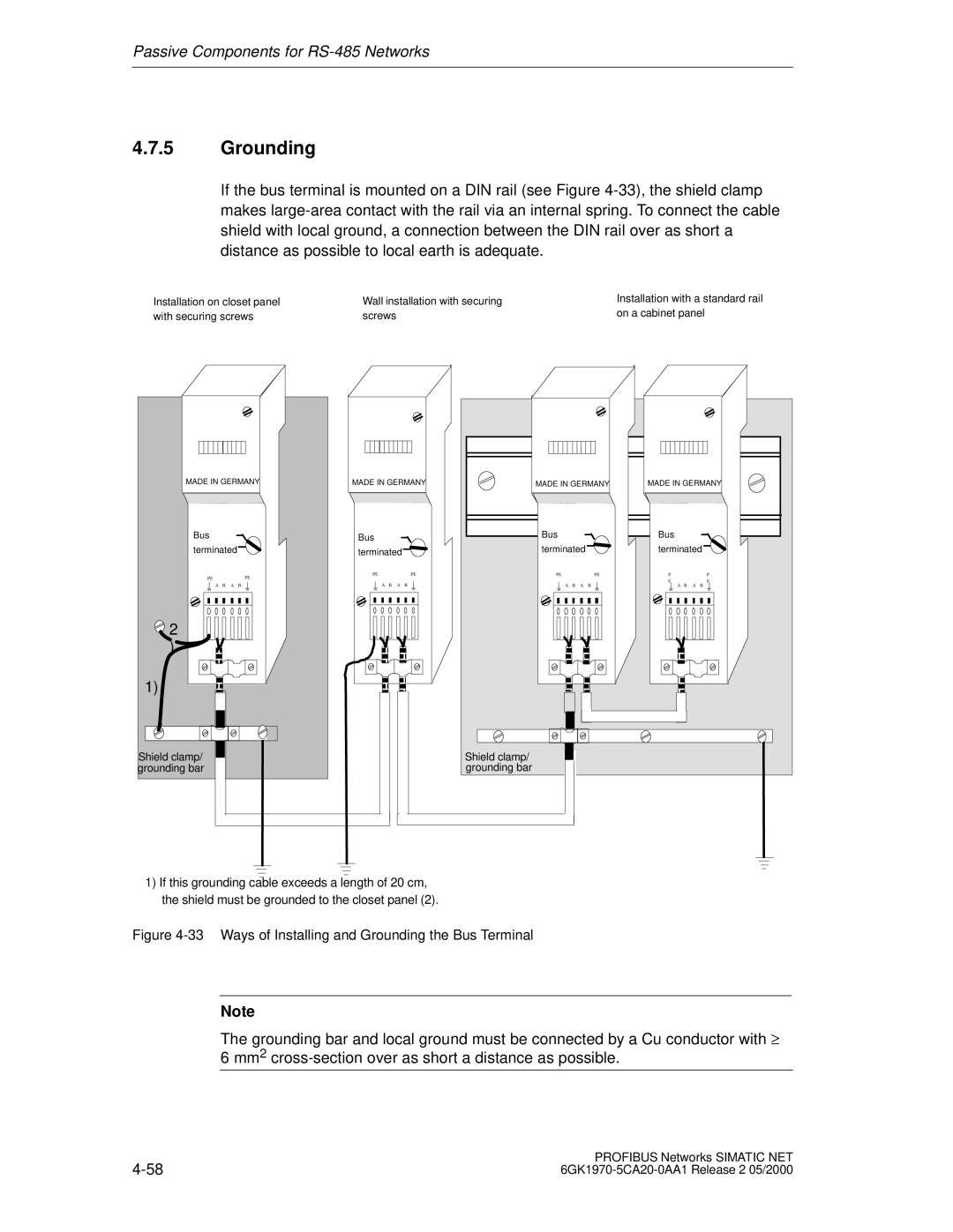 Siemens SIMATIC NET PROFIBUS manual Ways of Installing and Grounding the Bus Terminal 